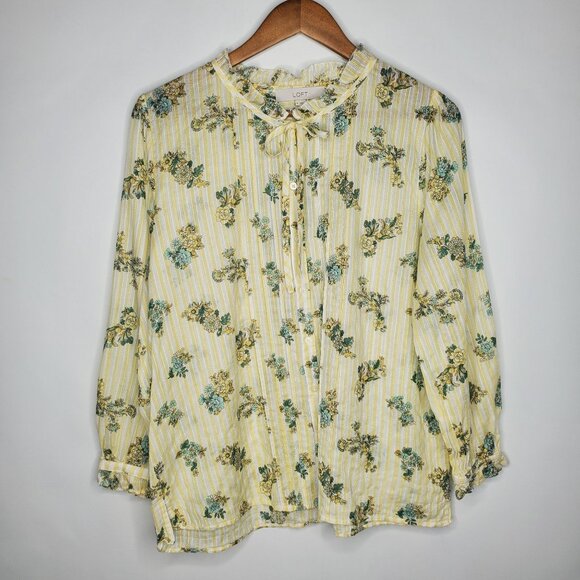 LOFT Tops - LOFT Womens Floral Blouse Size M Yellow Green Pintucked Tie Neck Cottage Core